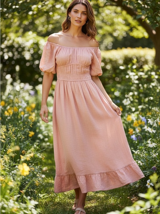 Sim & Sam Dresses & Skirts - NWT Sim & Sam Pink Puff-Sleeve Maxi Dress with Smocked Waist Small Milkmaid